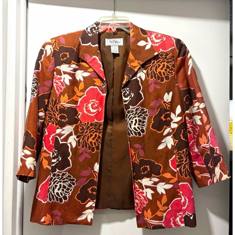 VTG Bob Mackie Studio Floral Blazer Jacket Brown Salmon Earth Tone Size 8 EUC